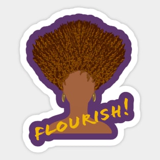 Flourish! Natural Hair Upward Curly Afro with Gold Earrings and Gold Lettering (Purple Background) Sticker